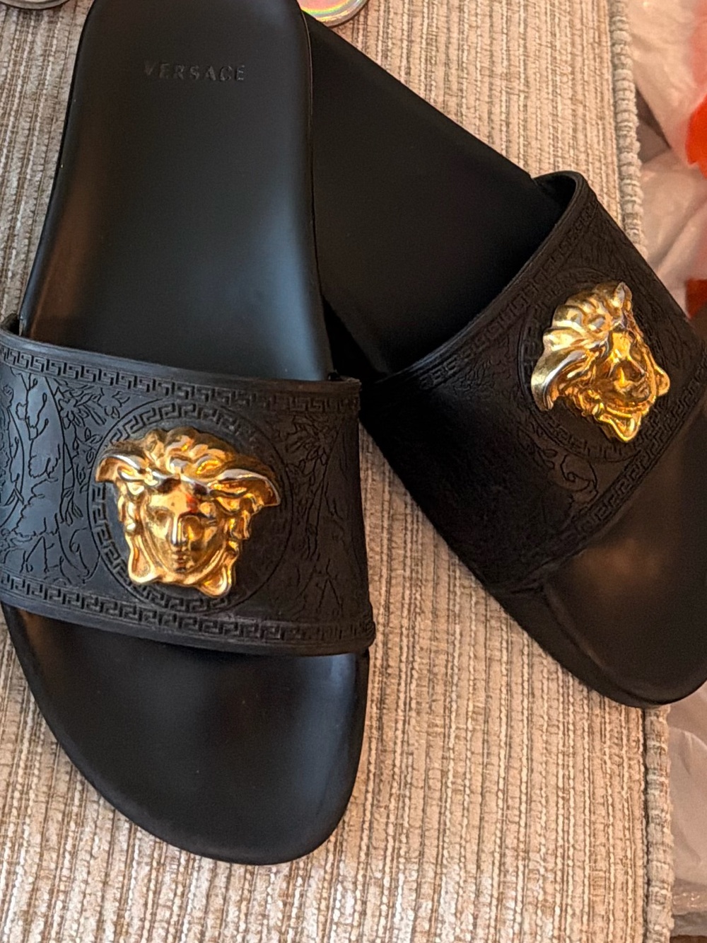 Versace Black Leather Medusa Logo Slide Sandals with Gold Emblem